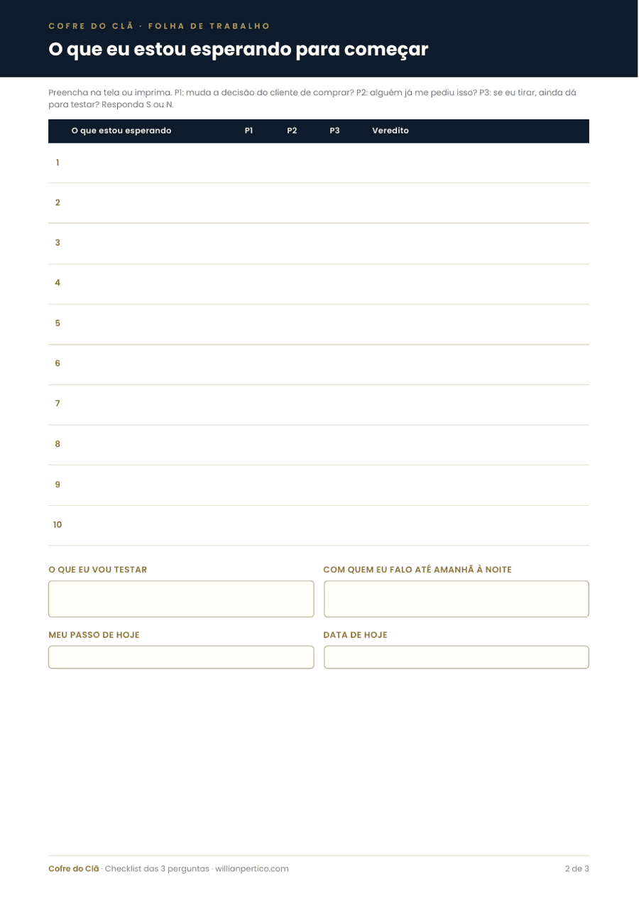 Folha de trabalho do checklist para começar um negócio, com dez linhas para preencher