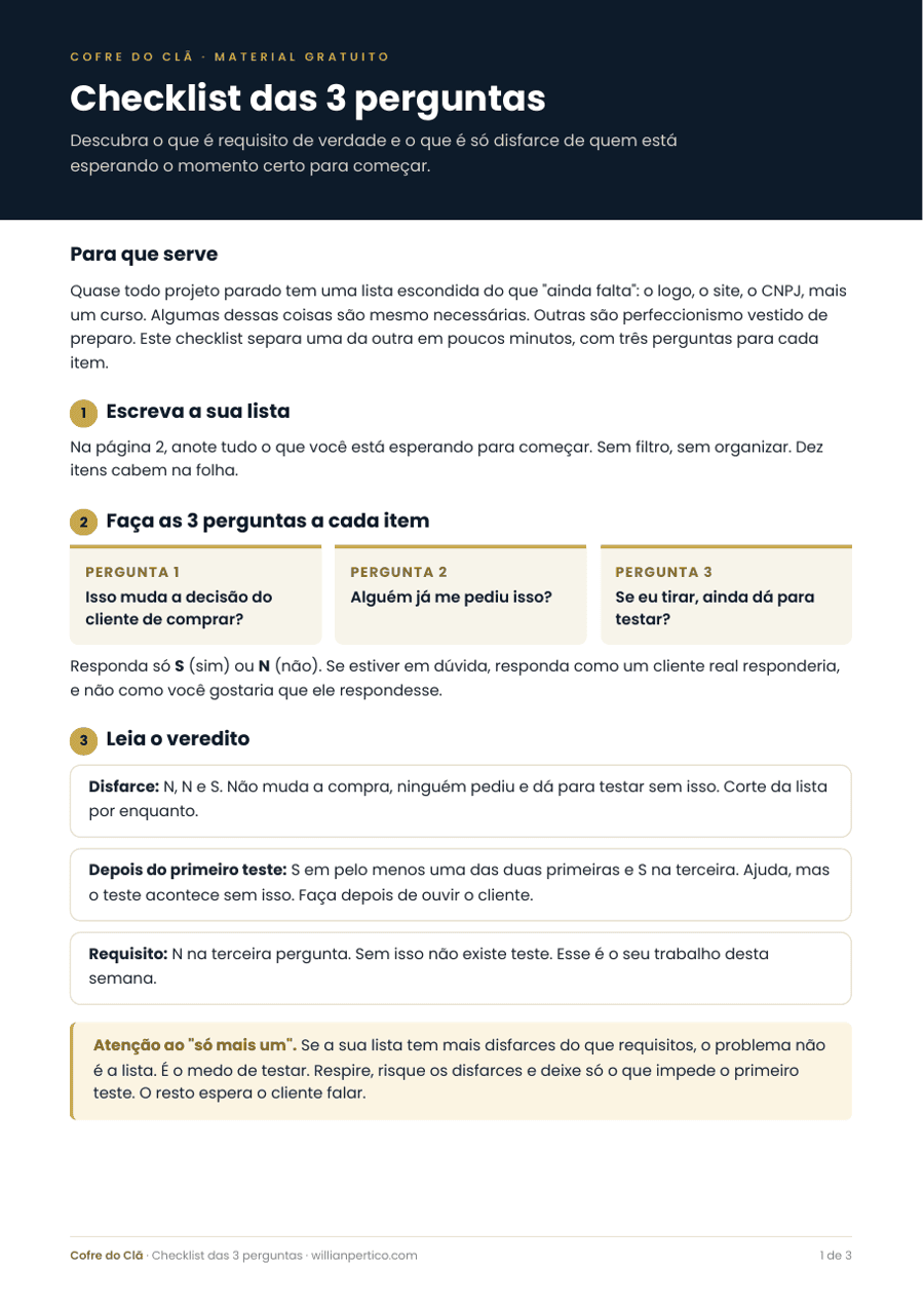 Primeira página do checklist das 3 perguntas, com as perguntas e o veredito